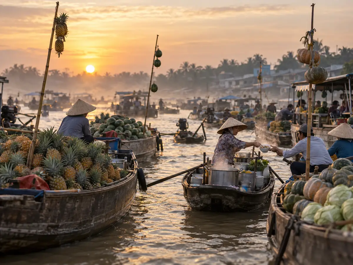 Illustration of Cai Rang Floating Market Breakfast Boats