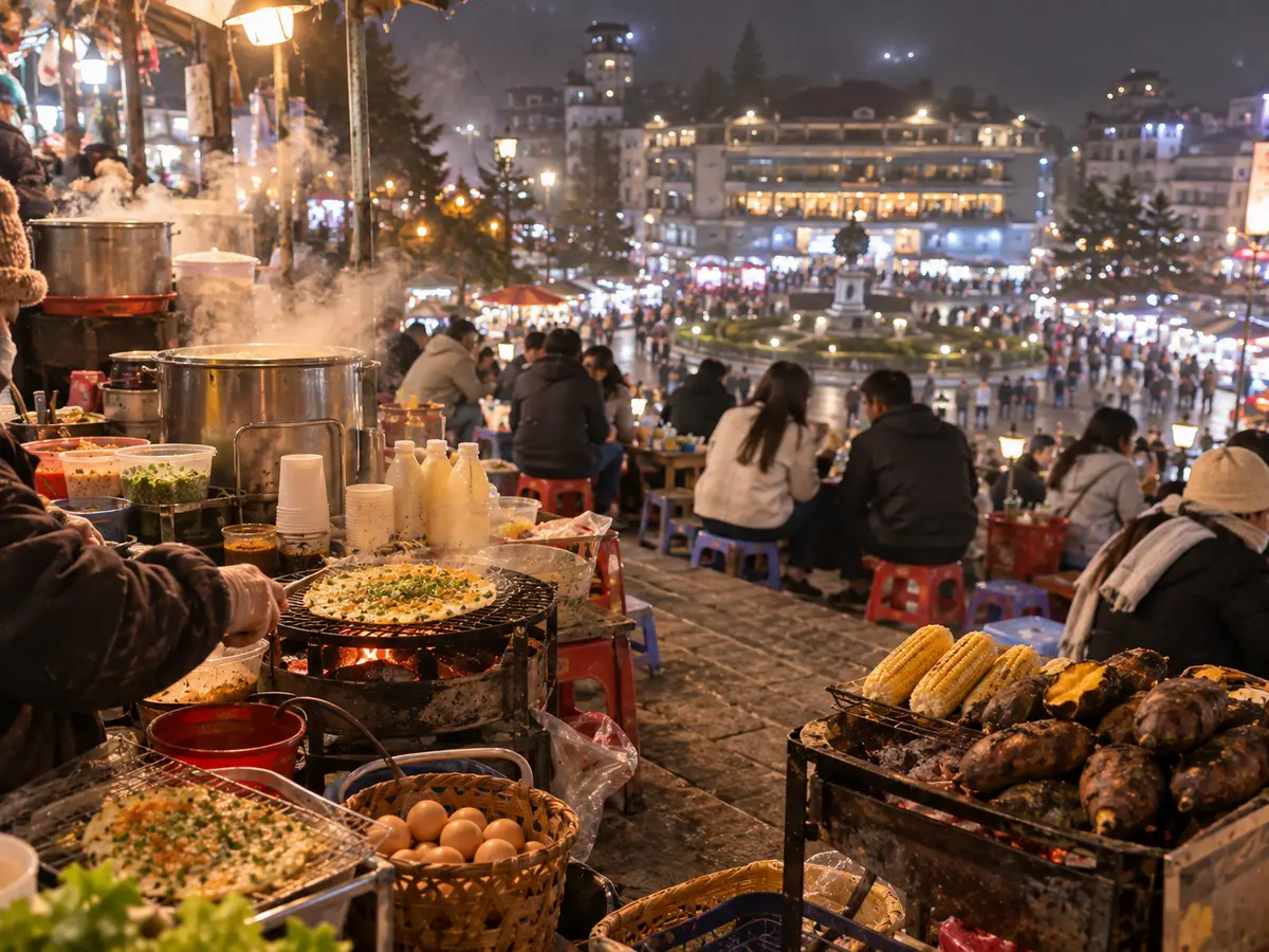 Illustration of Da Lat Market Night Vendors