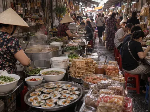 Illustration of Dong Ba Market Food Stalls