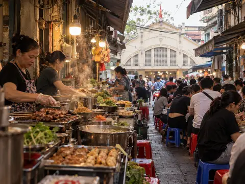 Illustration of Dong Xuan Market and Food Alleys